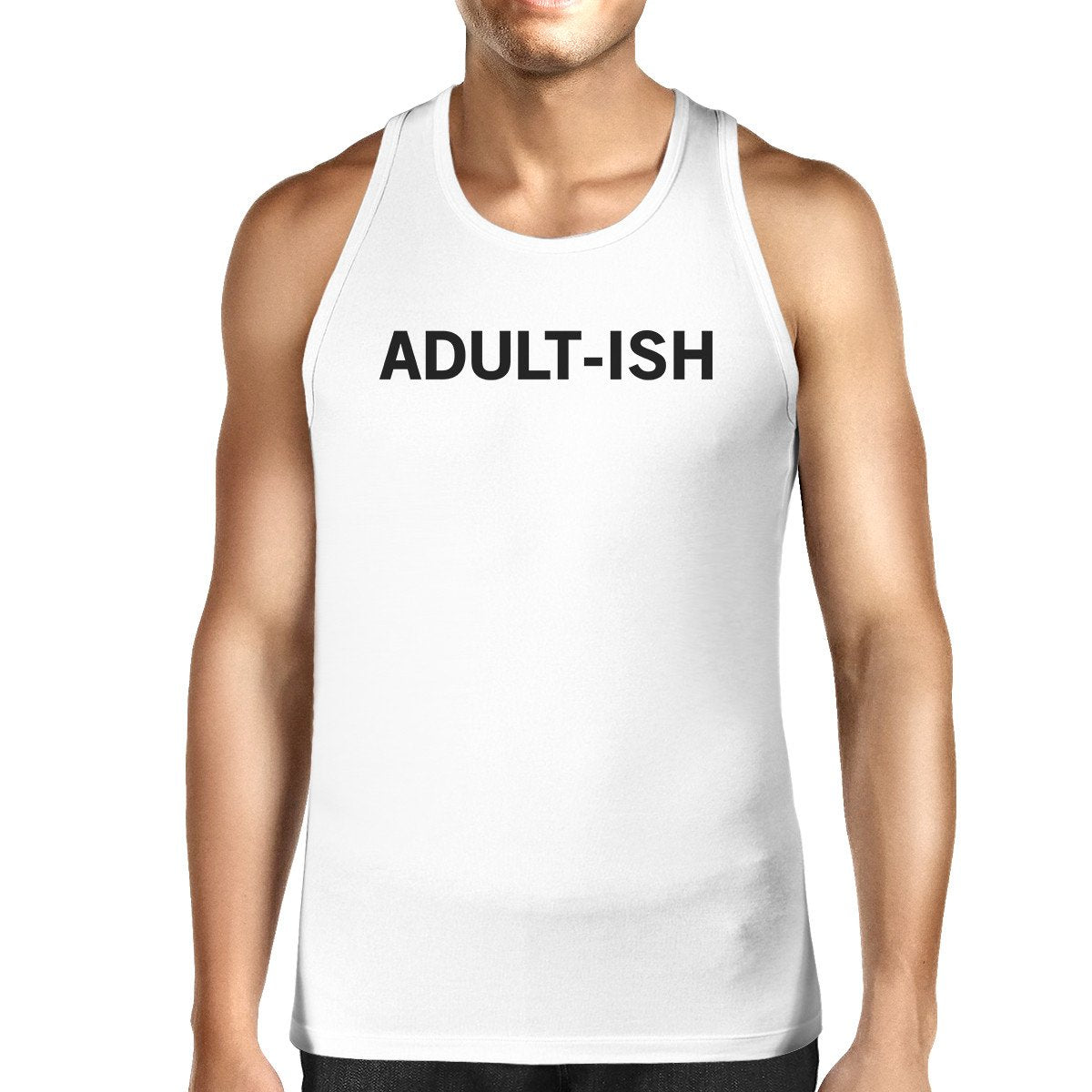 Adult-ish Mens White Sleeveless Tank Top Trendy Typography Top