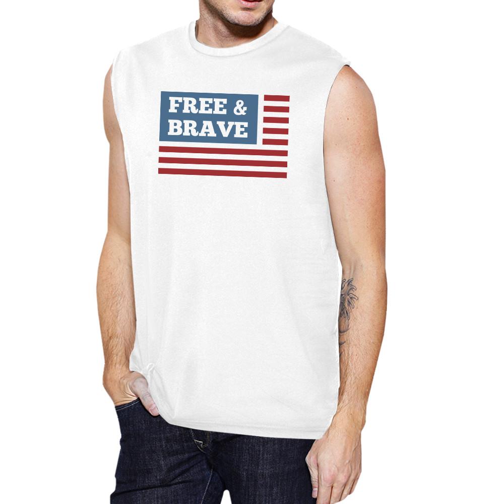 Free & Brave Us Flag Mens White Funny Muscle Tank Top Crewneck Line