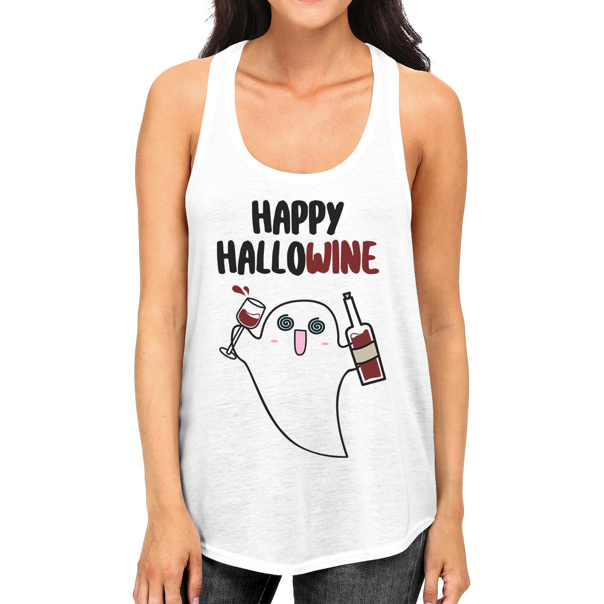 Happy Hallowine Ghost Wine Womens White Tank Top