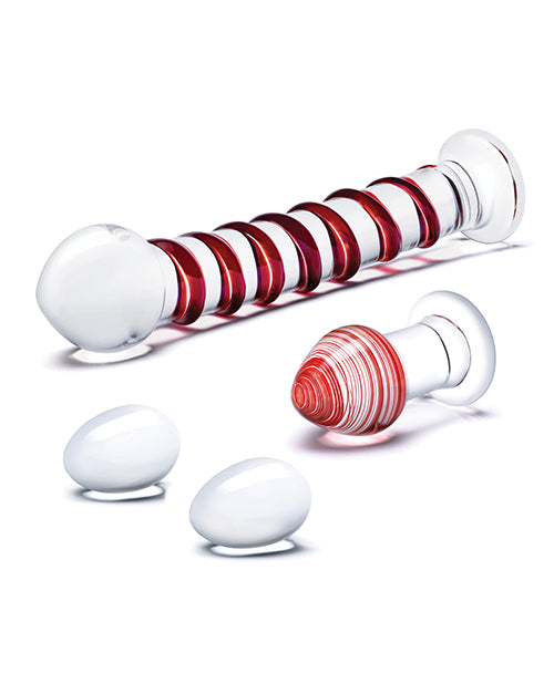 Glas 4 Pc Mr. Swirly Set W/glass Kegal Balls & 3.25" Butt Plug - Red