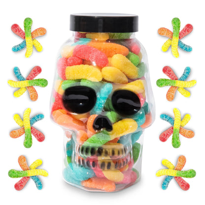 Halloween Trick or Treat Candies | Stuffed Sour Worms Gummies in Scary Skull Shape Candy Jar | Spooky Sweets | Perfect For Halloween