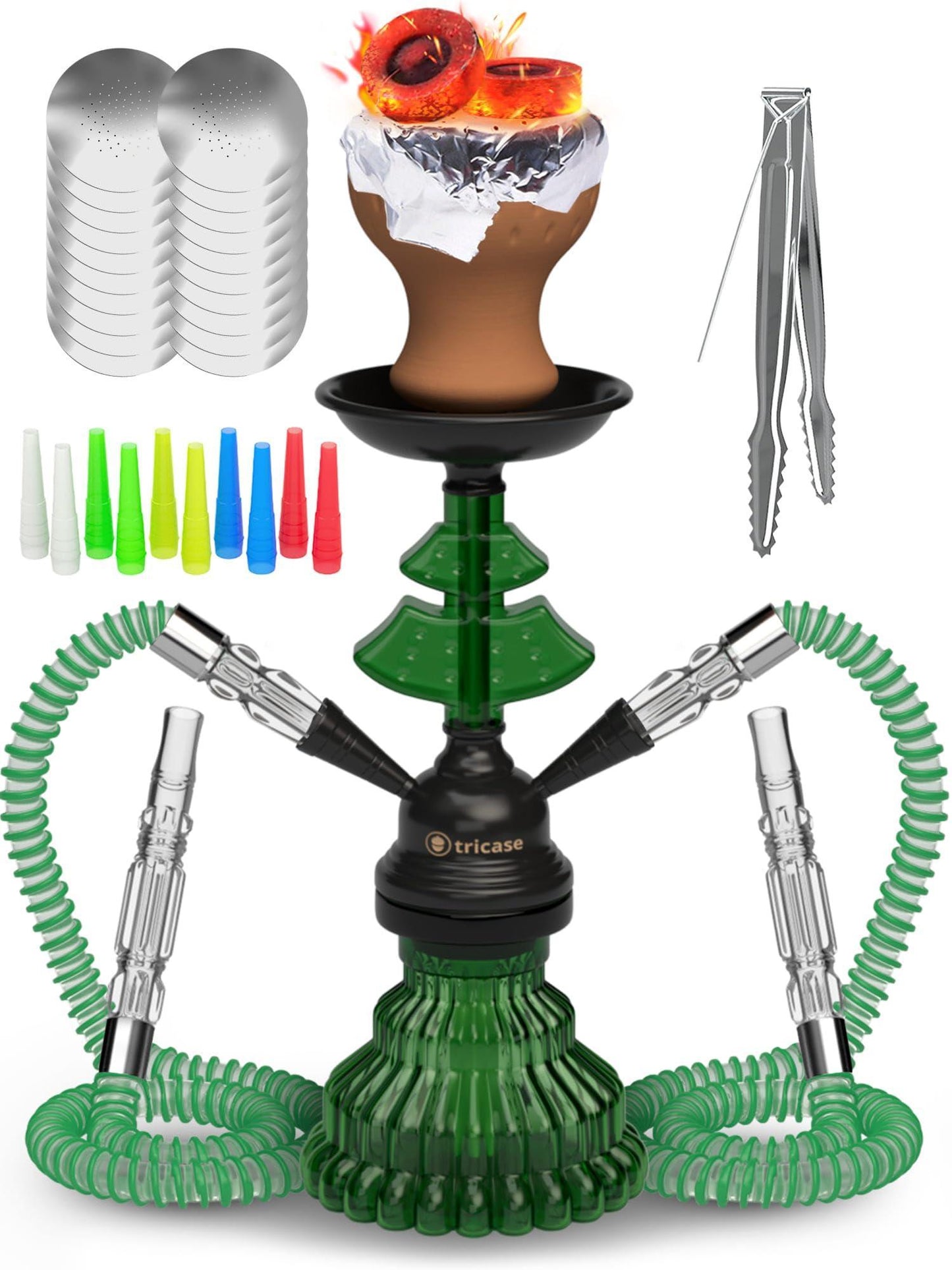 Green Hookah Set 2 Hose Hookah – LilOne 12” Green Mini Hookah Combo Kit Shisha Hookah Set with Prepunched Foil Hookas Bowl Disposable Tips Mouthpiece Tongs Portable Hookah Pipe   Hookah Machines