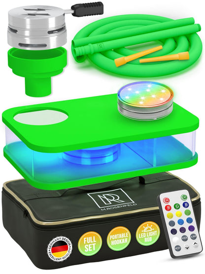 Green Hookah Set With Everything   Premium Small Hookah Set For Travel With Case   Green Hookah With Case With Charcoal Holder & Coal Cover   M. ROSENFELD Travel Hookah Set With Everything
