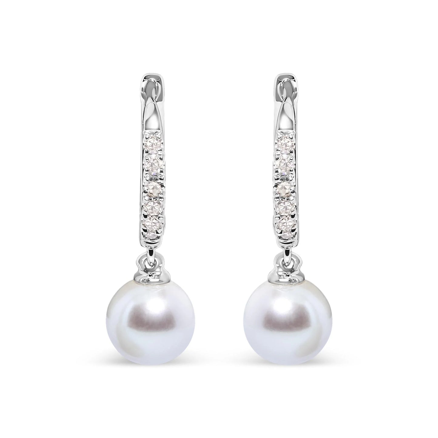 10K White Gold 6x6 MM Cultured Freshwater Pearl and Diamond Accent Drop Huggy Earring (H-I Color, I1-I2 Clarity)