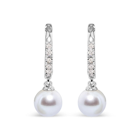 10K White Gold 6x6 MM Cultured Freshwater Pearl and Diamond Accent Drop Huggy Earring (H-I Color, I1-I2 Clarity)