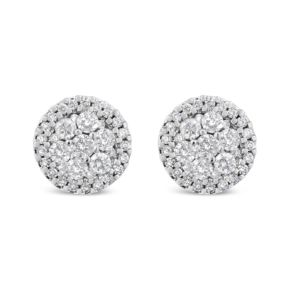 14K White Gold 1.0 Cttw Brilliant-Cut Diamond Halo-Style Cluster Round Button Stud Earrings (H-I Color, I1-I2 Clarity)