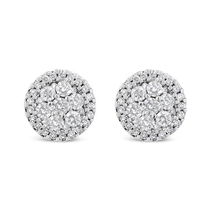 14K White Gold 1.0 Cttw Brilliant-Cut Diamond Halo-Style Cluster Round Button Stud Earrings (H-I Color, I1-I2 Clarity)