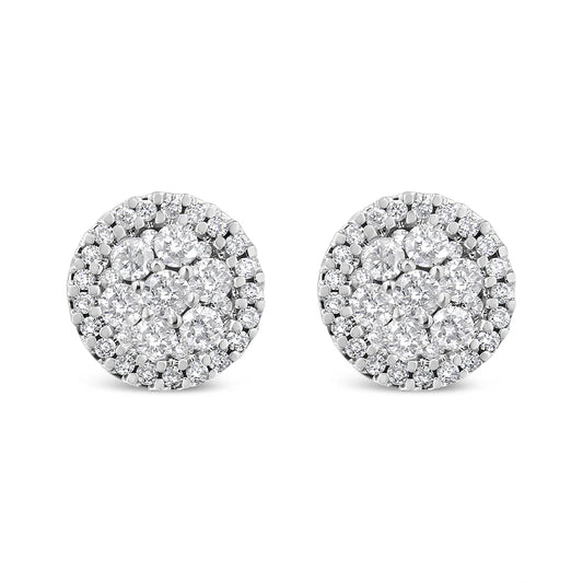 14K White Gold 1.0 Cttw Brilliant-Cut Diamond Halo-Style Cluster Round Button Stud Earrings (H-I Color, I1-I2 Clarity)