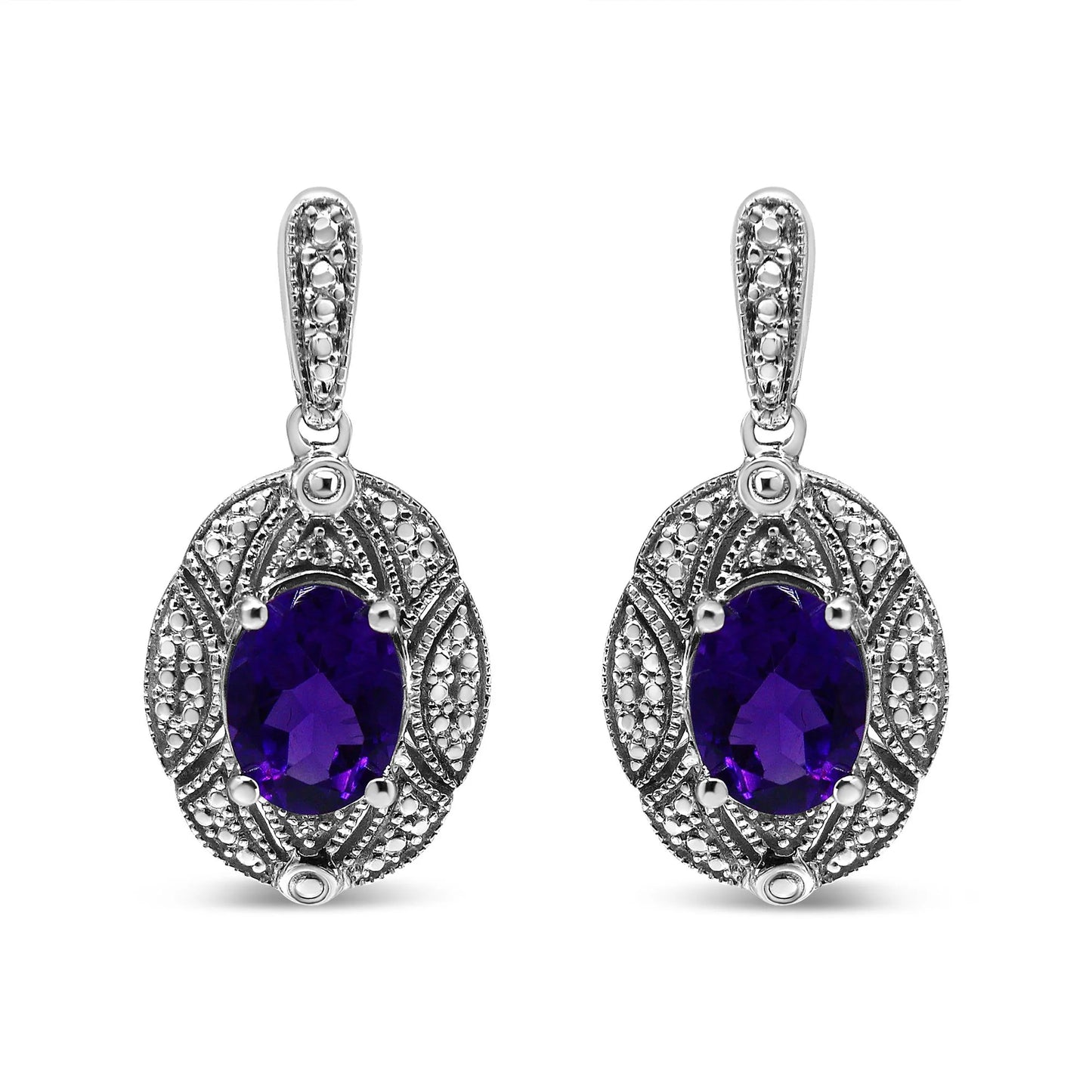 .925 Sterling Silver Diamond Accent and 8x6mm Purple Oval Amethyst Stud Earrings (I-J Color, I1-I2 Clarity)