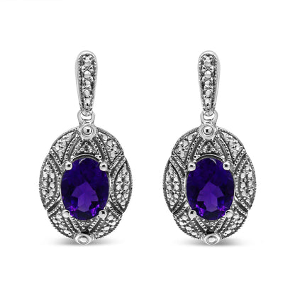 .925 Sterling Silver Diamond Accent and 8x6mm Purple Oval Amethyst Stud Earrings (I-J Color, I1-I2 Clarity)