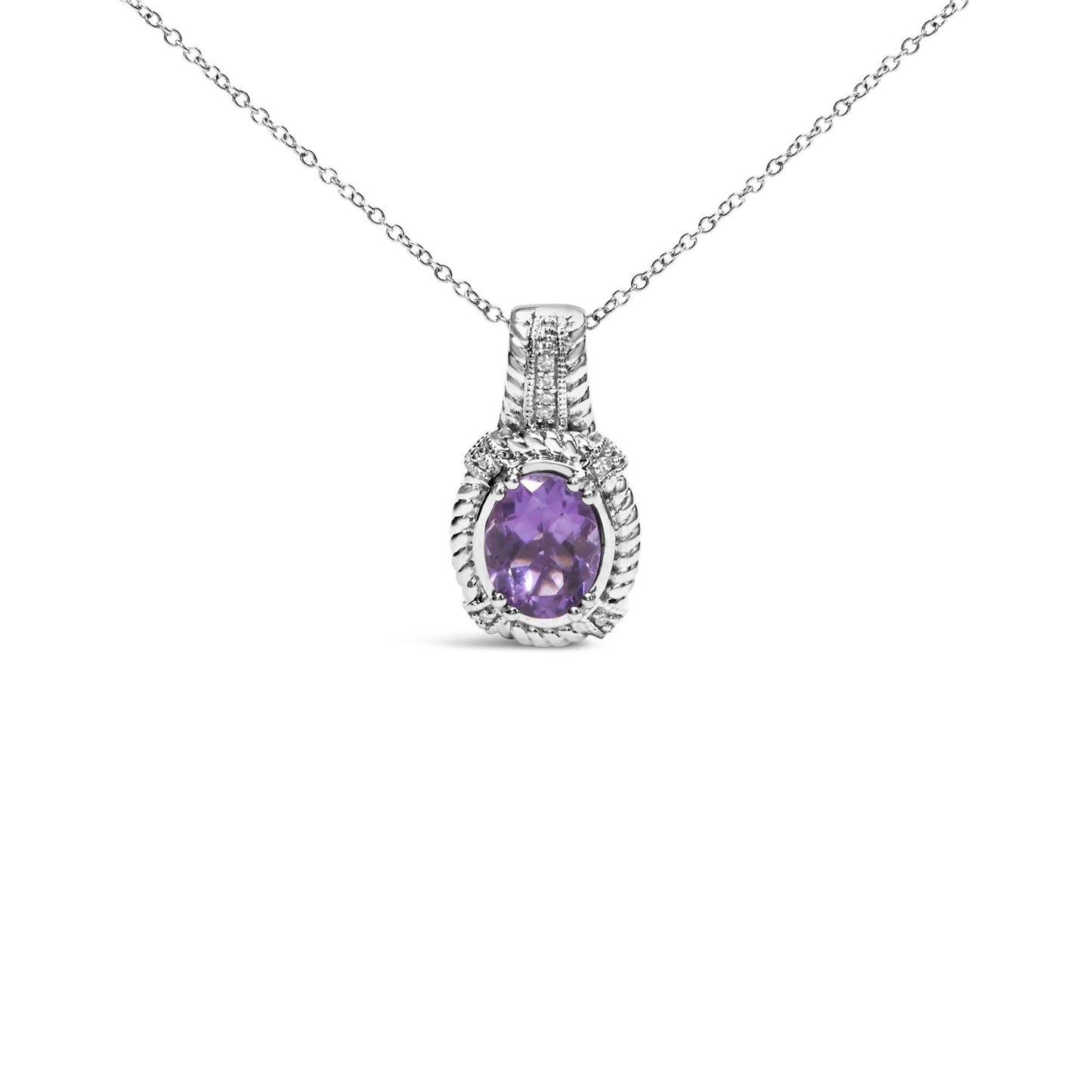 .925 Sterling Silver 9x7mm Oval Purple Amethyst and Round Diamond Accent Fashion Drop Pendant 18 Inch Necklace (I-J Color, I1-I2 Clarity)