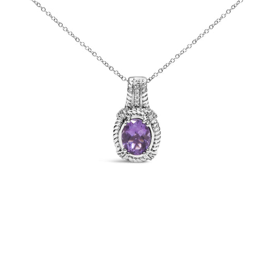 .925 Sterling Silver 9x7mm Oval Purple Amethyst and Round Diamond Accent Fashion Drop Pendant 18 Inch Necklace (I-J Color, I1-I2 Clarity)