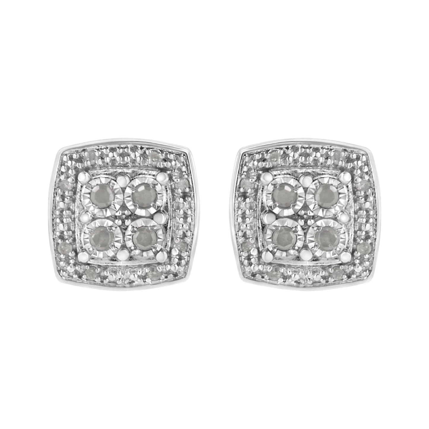 .925 Sterling Silver 1/4 cttw Round Cut Diamond Square Shape Milgrain Stud Earrings (I-J Color, I3 Clarity)