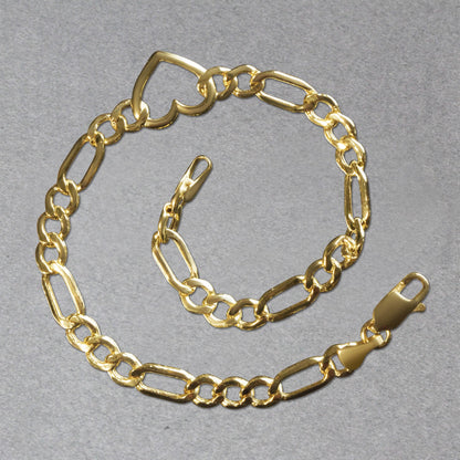 14k Yellow Gold 7 inch Figaro Chain Bracelet with Heart