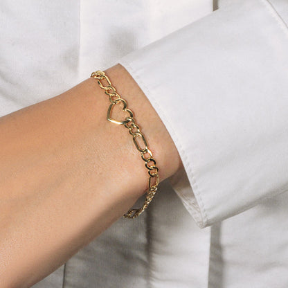 14k Yellow Gold 7 inch Figaro Chain Bracelet with Heart