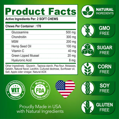 Glucosamine for Dogs   Hip and Joint Supplement for Dogs   Glucosamine Chondroitin for Dogs   Dog Joint Pain Relief   MSM   Hemp   Advanced Support Dog Joint Supplement   170 Mobility Chews