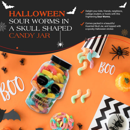 Halloween Trick or Treat Candies | Stuffed Sour Worms Gummies in Scary Skull Shape Candy Jar | Spooky Sweets | Perfect For Halloween