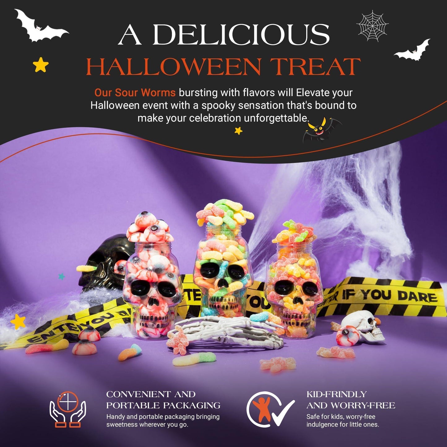 Halloween Trick or Treat Candies | Stuffed Sour Worms Gummies in Scary Skull Shape Candy Jar | Spooky Sweets | Perfect For Halloween