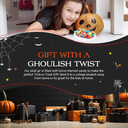 Halloween Trick or Treat Candies | Stuffed Sour Worms Gummies in Scary Skull Shape Candy Jar | Spooky Sweets | Perfect For Halloween