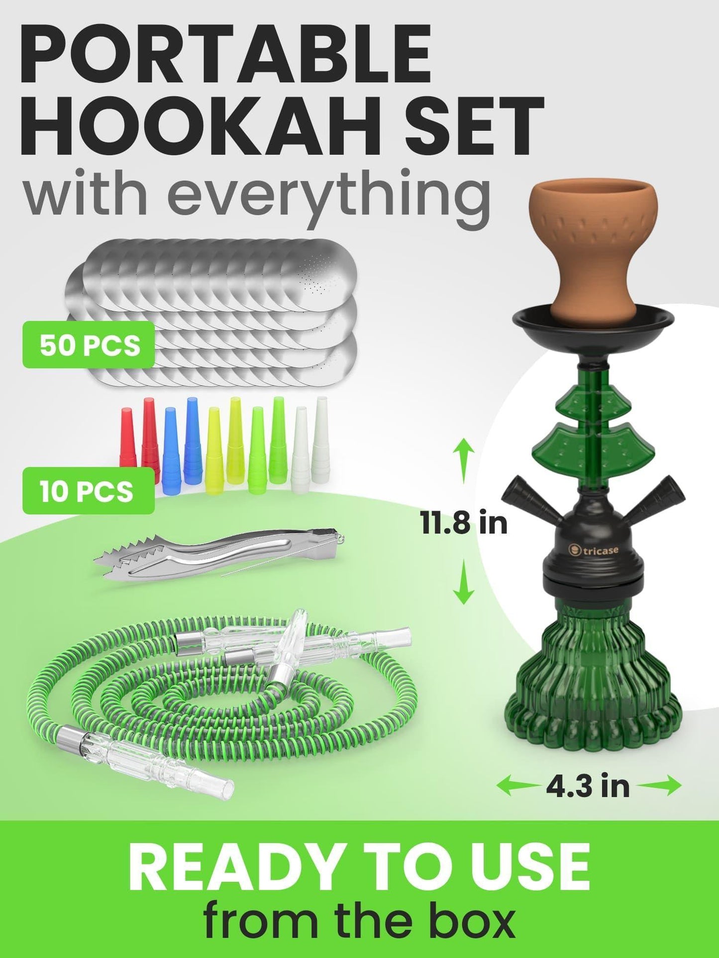 Green Hookah Set 2 Hose Hookah – LilOne 12” Green Mini Hookah Combo Kit Shisha Hookah Set with Prepunched Foil Hookas Bowl Disposable Tips Mouthpiece Tongs Portable Hookah Pipe   Hookah Machines