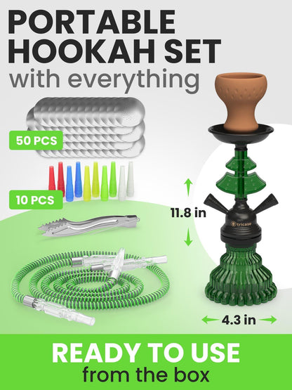 Green Hookah Set 2 Hose Hookah – LilOne 12” Green Mini Hookah Combo Kit Shisha Hookah Set with Prepunched Foil Hookas Bowl Disposable Tips Mouthpiece Tongs Portable Hookah Pipe   Hookah Machines