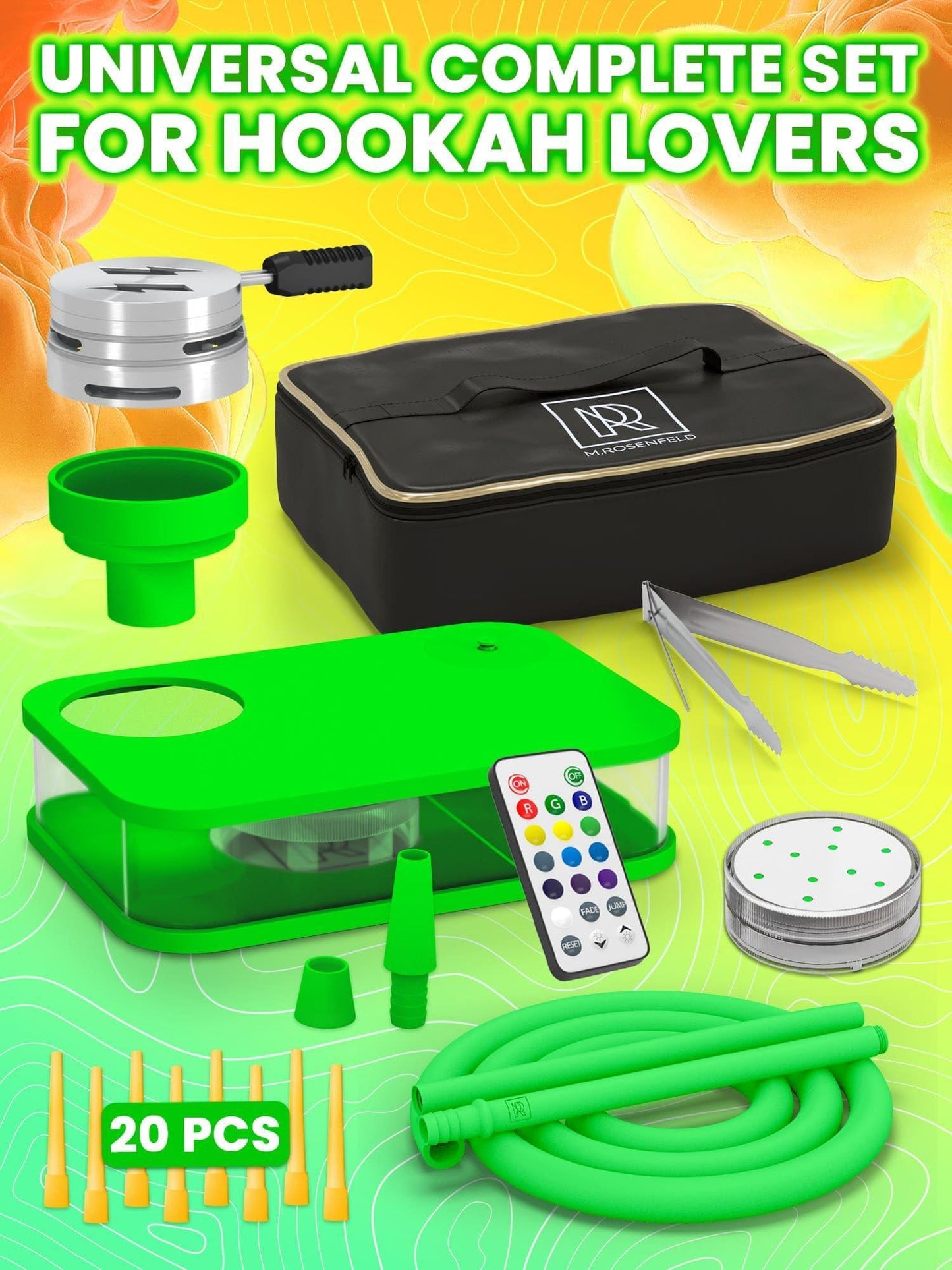 Green Hookah Set With Everything   Premium Small Hookah Set For Travel With Case   Green Hookah With Case With Charcoal Holder & Coal Cover   M. ROSENFELD Travel Hookah Set With Everything