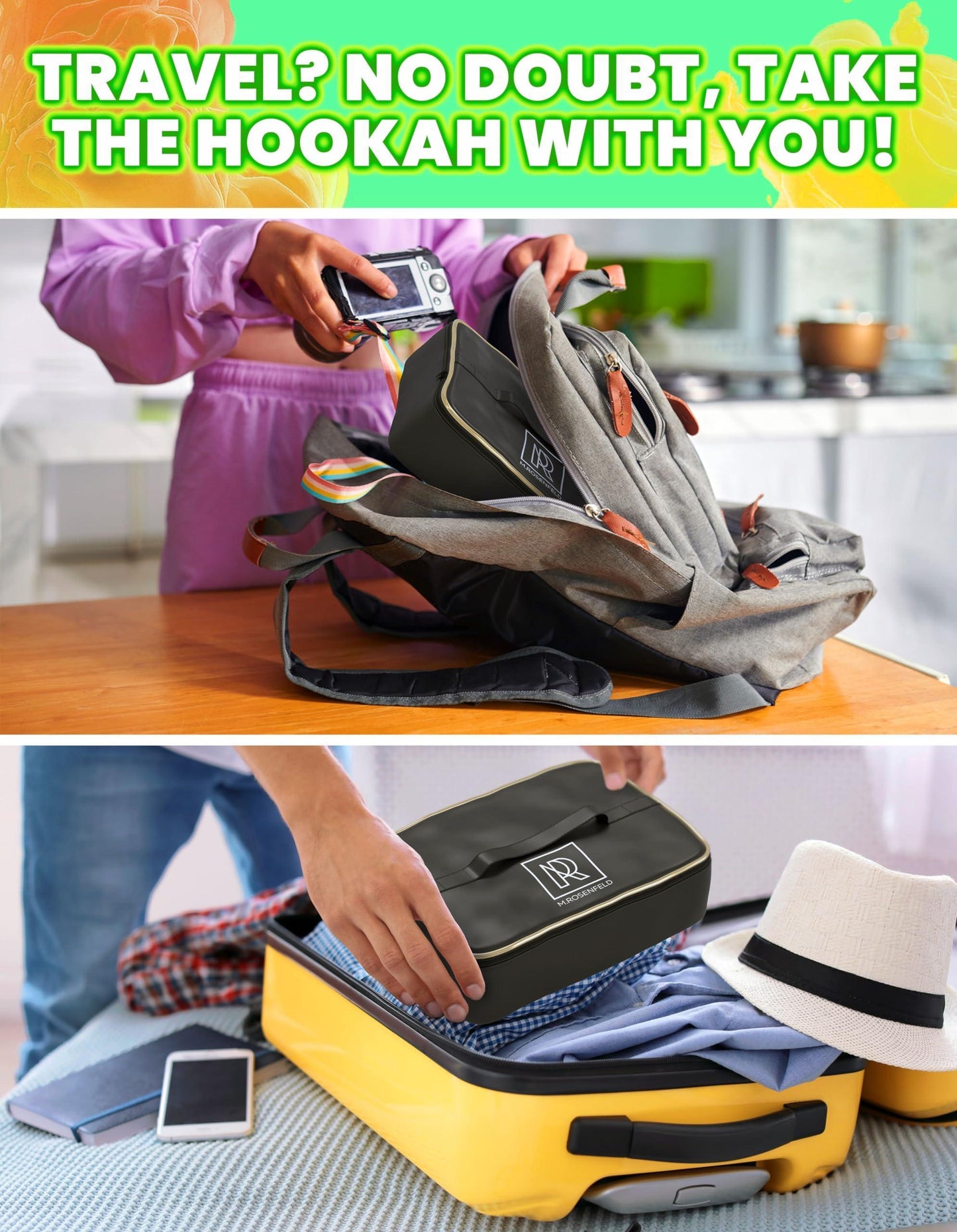 Green Hookah Set With Everything   Premium Small Hookah Set For Travel With Case   Green Hookah With Case With Charcoal Holder & Coal Cover   M. ROSENFELD Travel Hookah Set With Everything