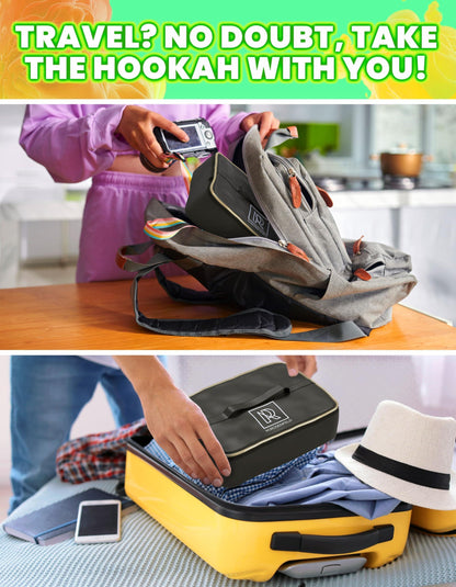 Green Hookah Set With Everything   Premium Small Hookah Set For Travel With Case   Green Hookah With Case With Charcoal Holder & Coal Cover   M. ROSENFELD Travel Hookah Set With Everything