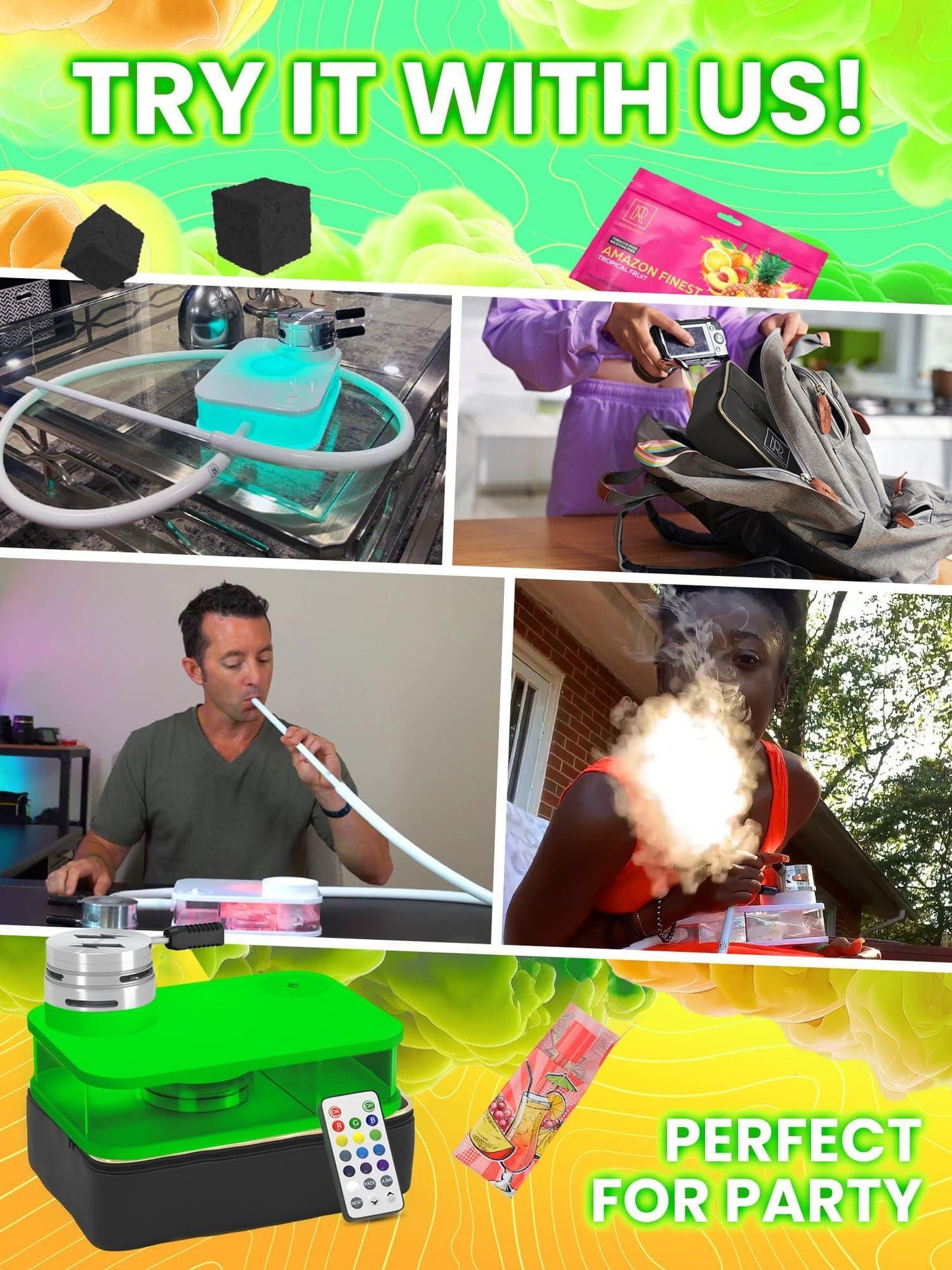 Green Hookah Set With Everything   Premium Small Hookah Set For Travel With Case   Green Hookah With Case With Charcoal Holder & Coal Cover   M. ROSENFELD Travel Hookah Set With Everything