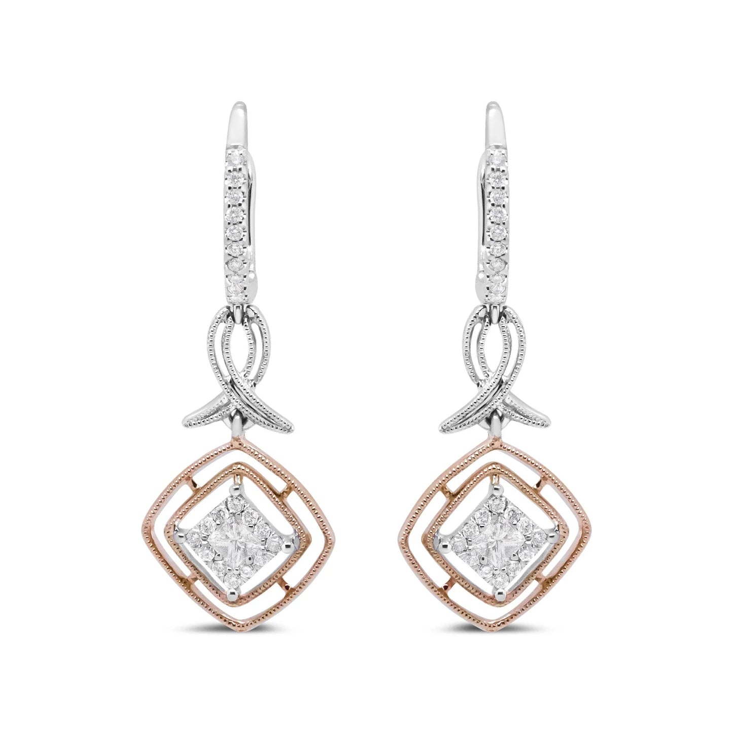 14K White and Rose Gold 1/2 Cttw Round and Princess-Cut Diamond Openwork Marquise Ribbon Dangle Earring (G-H Color, SI2-I1 Clarity)
