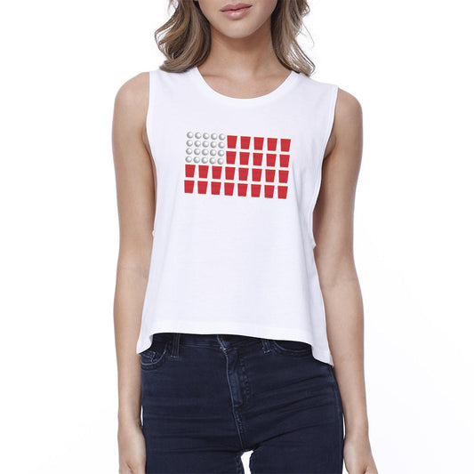 Beer Pong Flag Funny Independence Day Tee Womens White Crop Top
