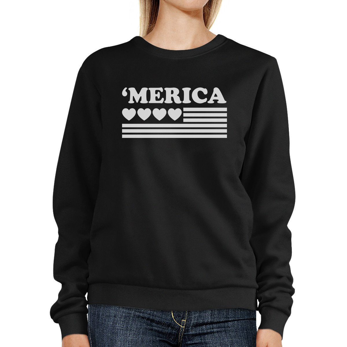 Heart 'Merica Cute American Flag Design Sweatshirt Black Round Neck