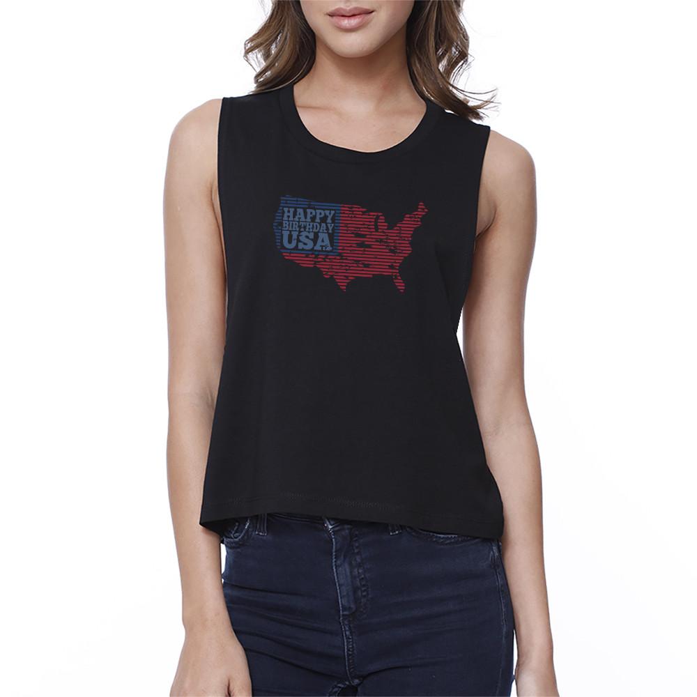 Happy Birthday USA Womens Black Crop Top Cute 4th Of July Outfit