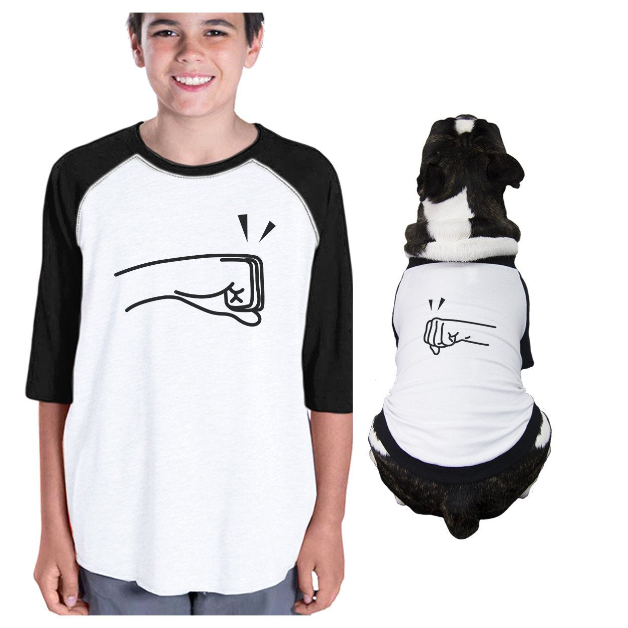 Fists Pound Kid and Pet Matching Black And White Baseball Shirts