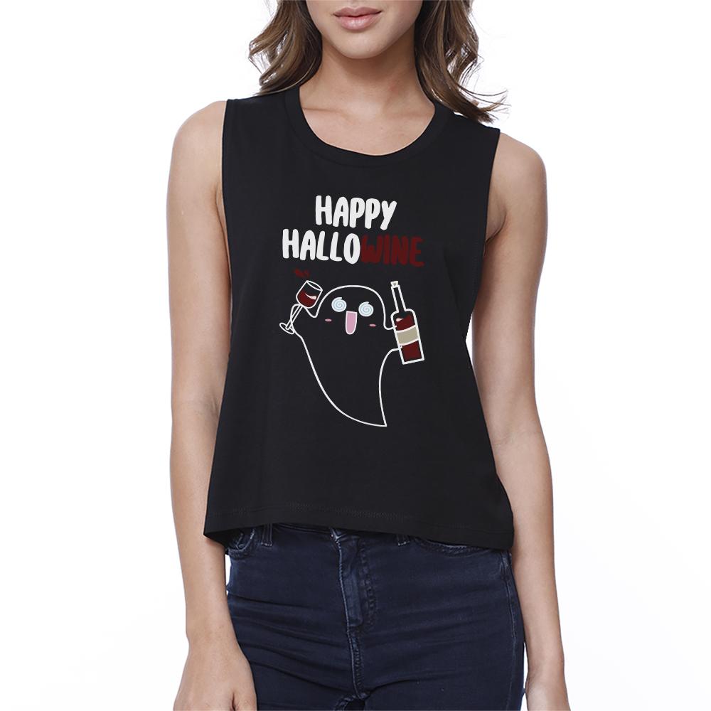Happy Hallowine Ghost Wine Womens Black Crop Top