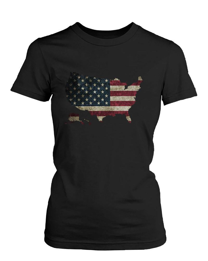 Funny Graphic Statement Womens Black T-shirt - US Flag in US Map