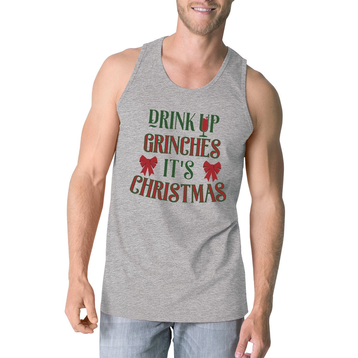 Drink Up Grinches It's Christmas Mens Grey Tank Top