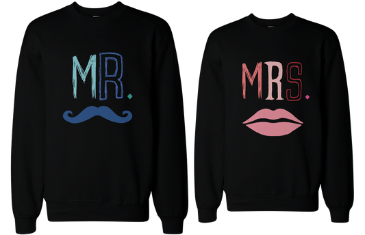 His and Her Mr Mustache and Mrs Lips Matching Sweatshirts for Couples