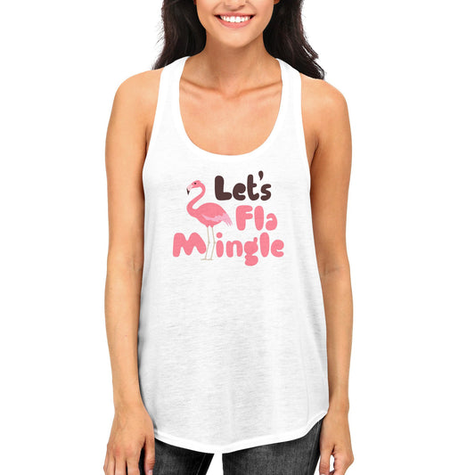 Cute White Let's FlamMingle women tank top for summer beach yoga gym wear